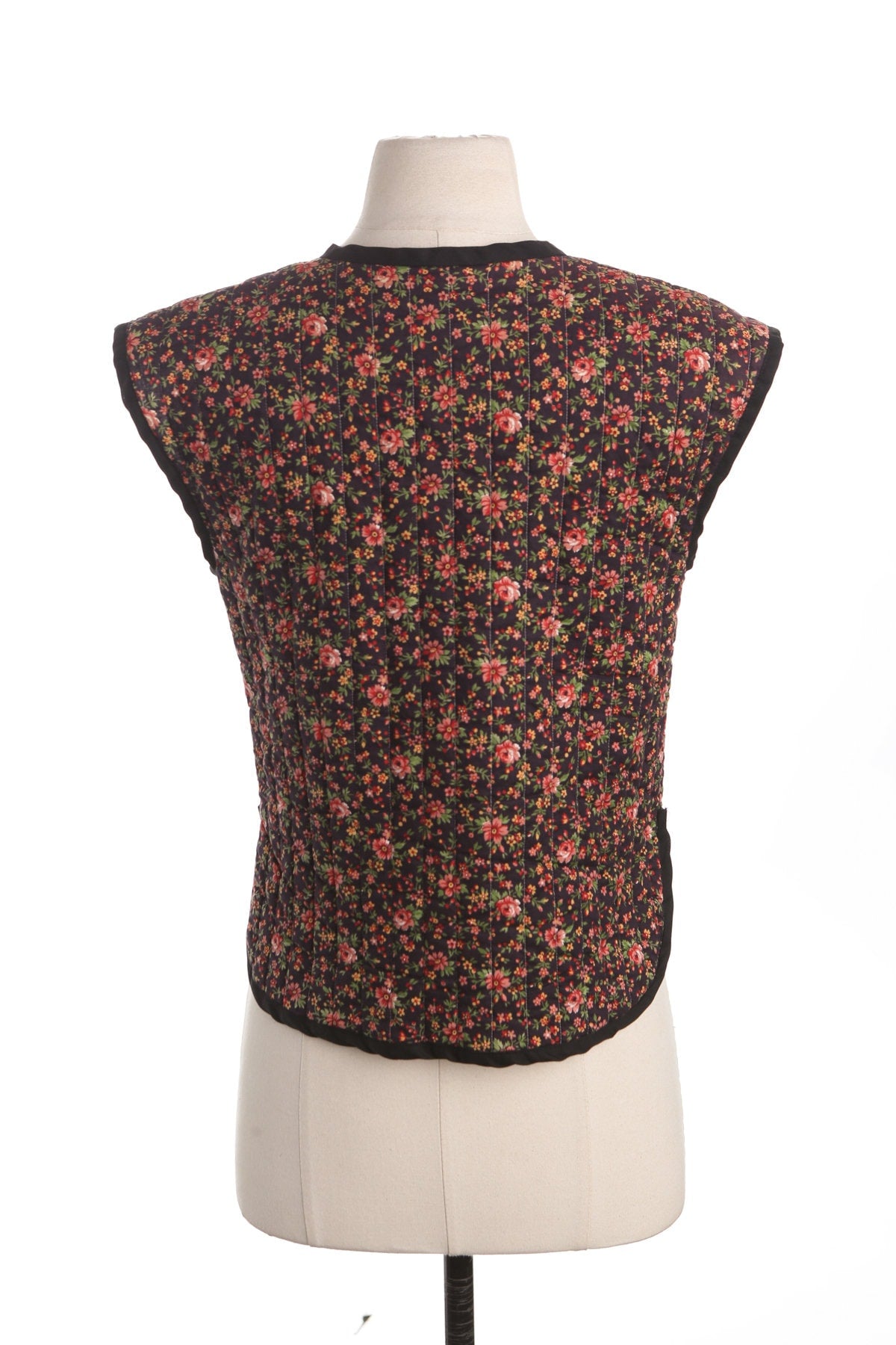 Vintage Floral Print Black Women Vest - Hippie - 70's - Tie Closure