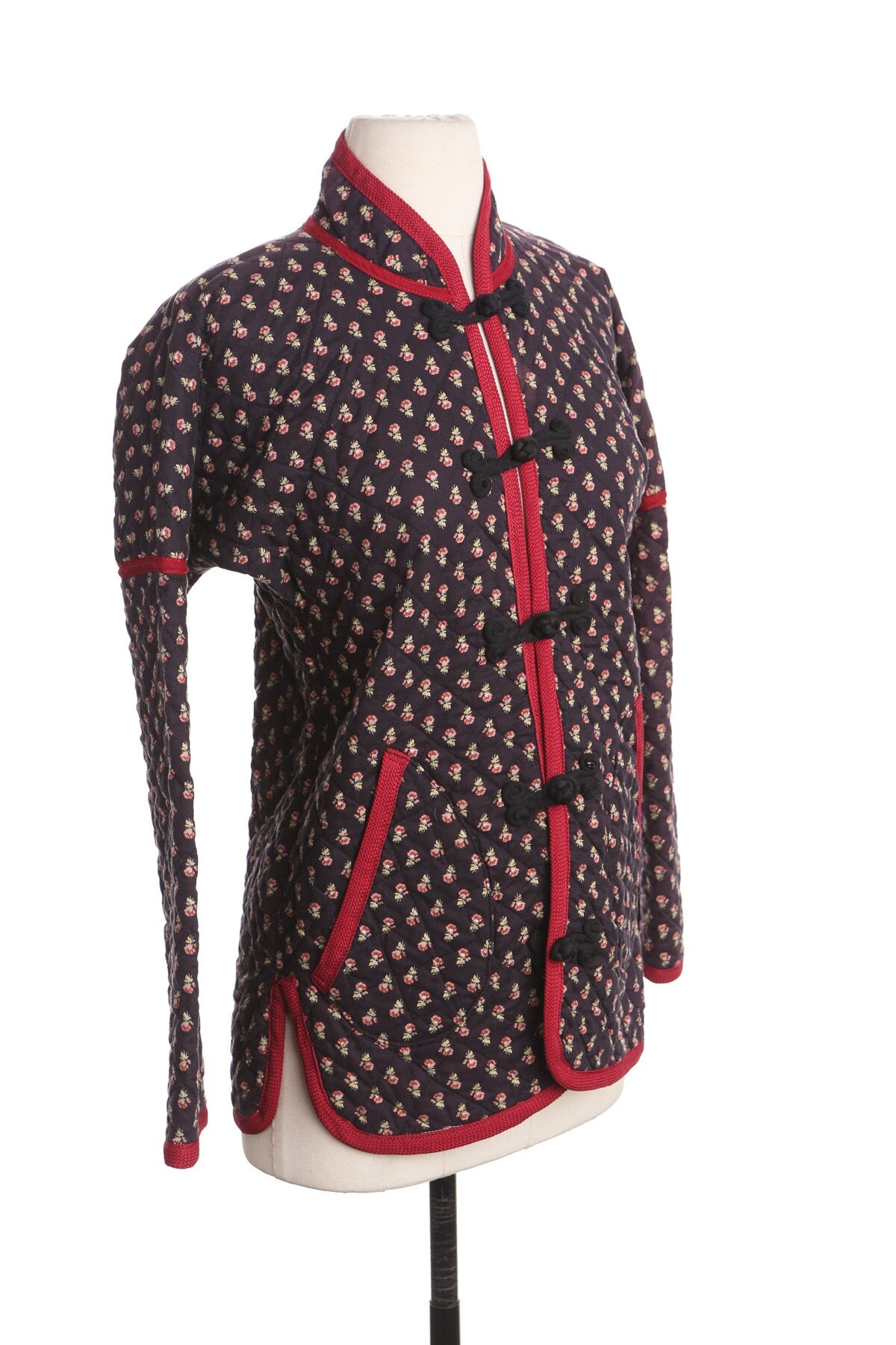 Vintage Women Flower Print Blanket Fabric Cheongsam Jacket - Era 60's - 70's