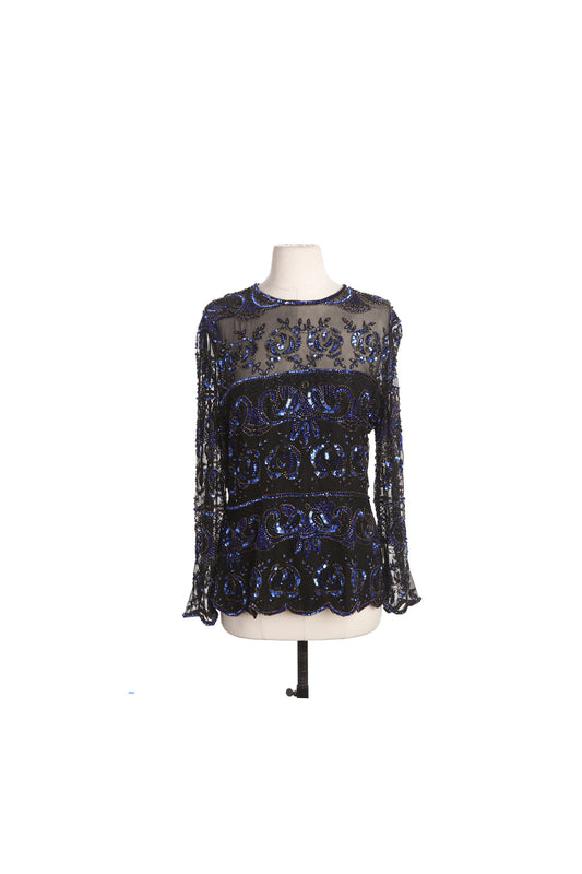 Vintage Women Black Sheer Top with Blue Sequin Flower Details - Era 80's - 90's