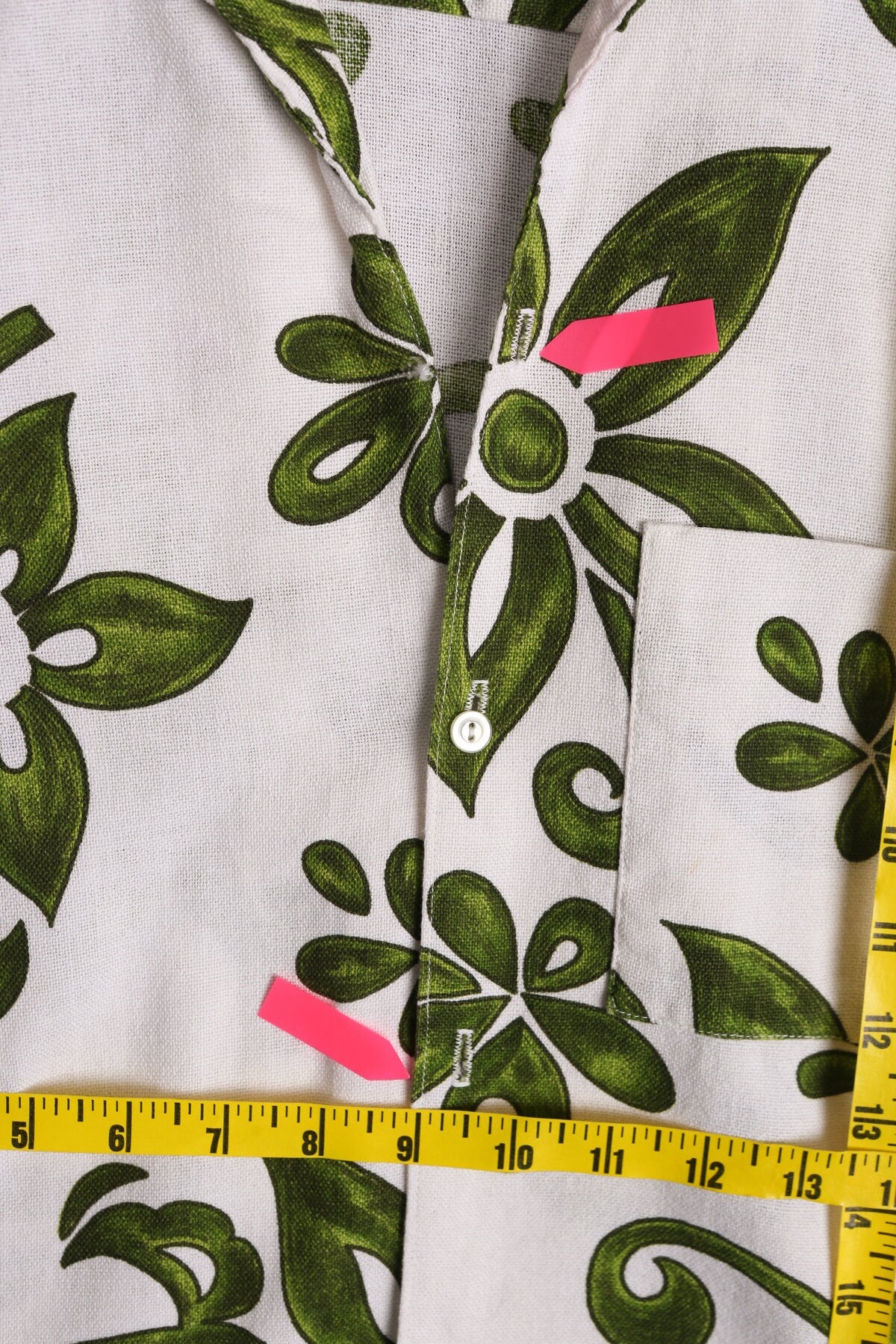 Vintage Men's White Hawaiian Shirt with Green Leaves Print