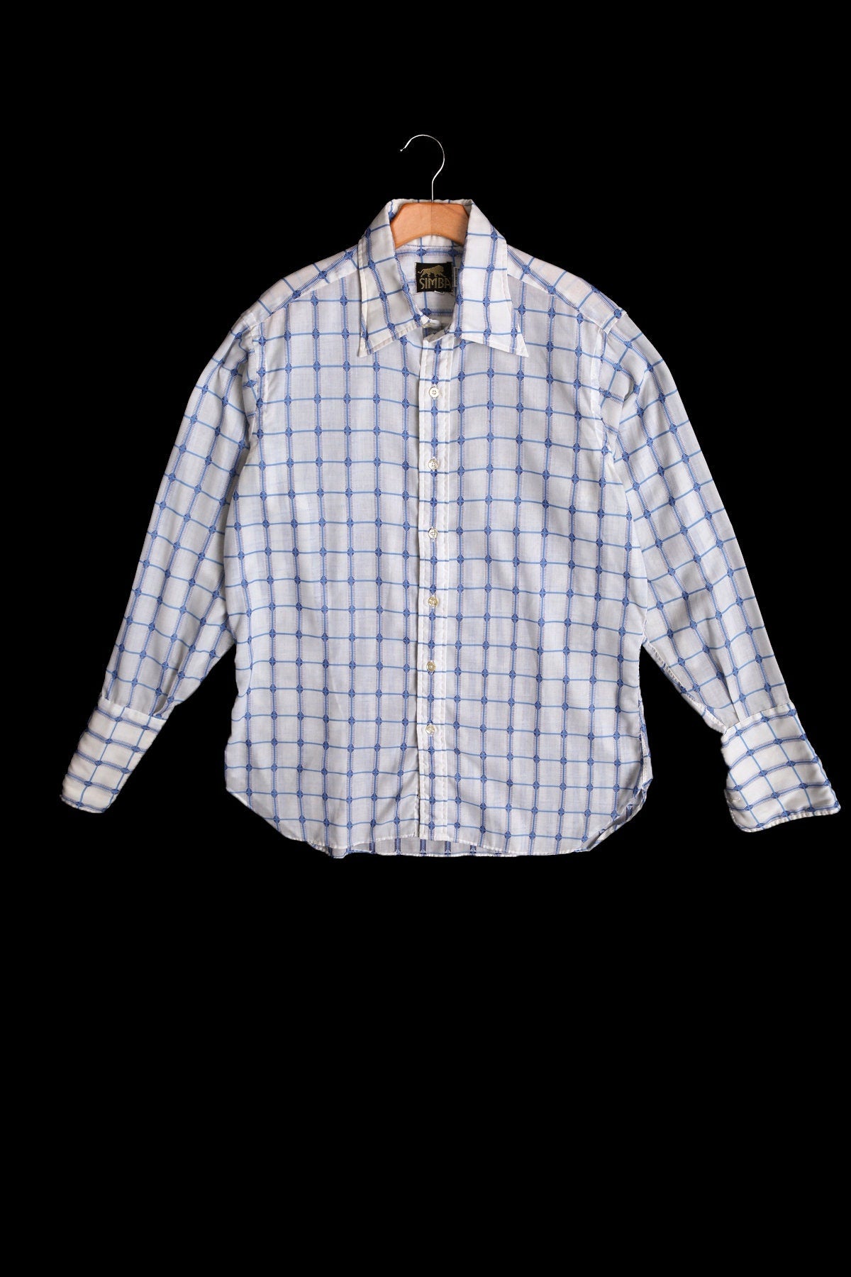 Vintage Men Oxford Button Up Shirt with Blue Plaid Details - Era 70's - 80's