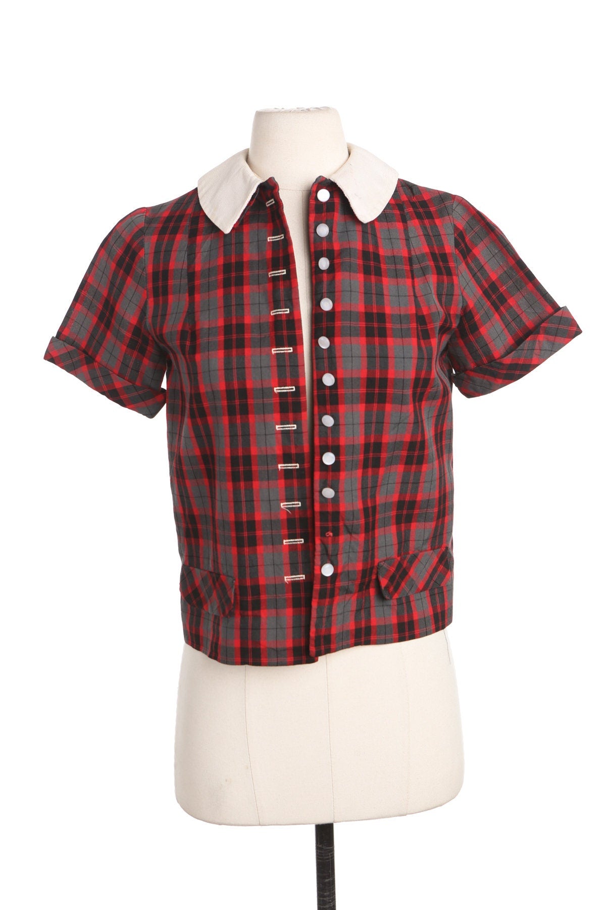 Vintage Women Red Plaid Top - Era 40's - 50's
