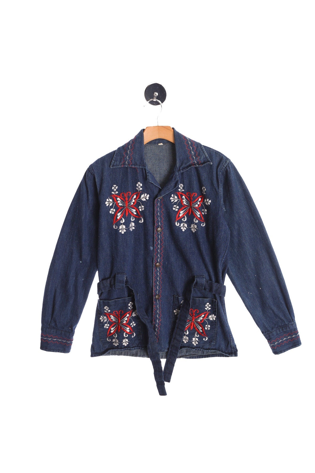 70's Men Embroidered Blue Denim Jacket with Waist Belt