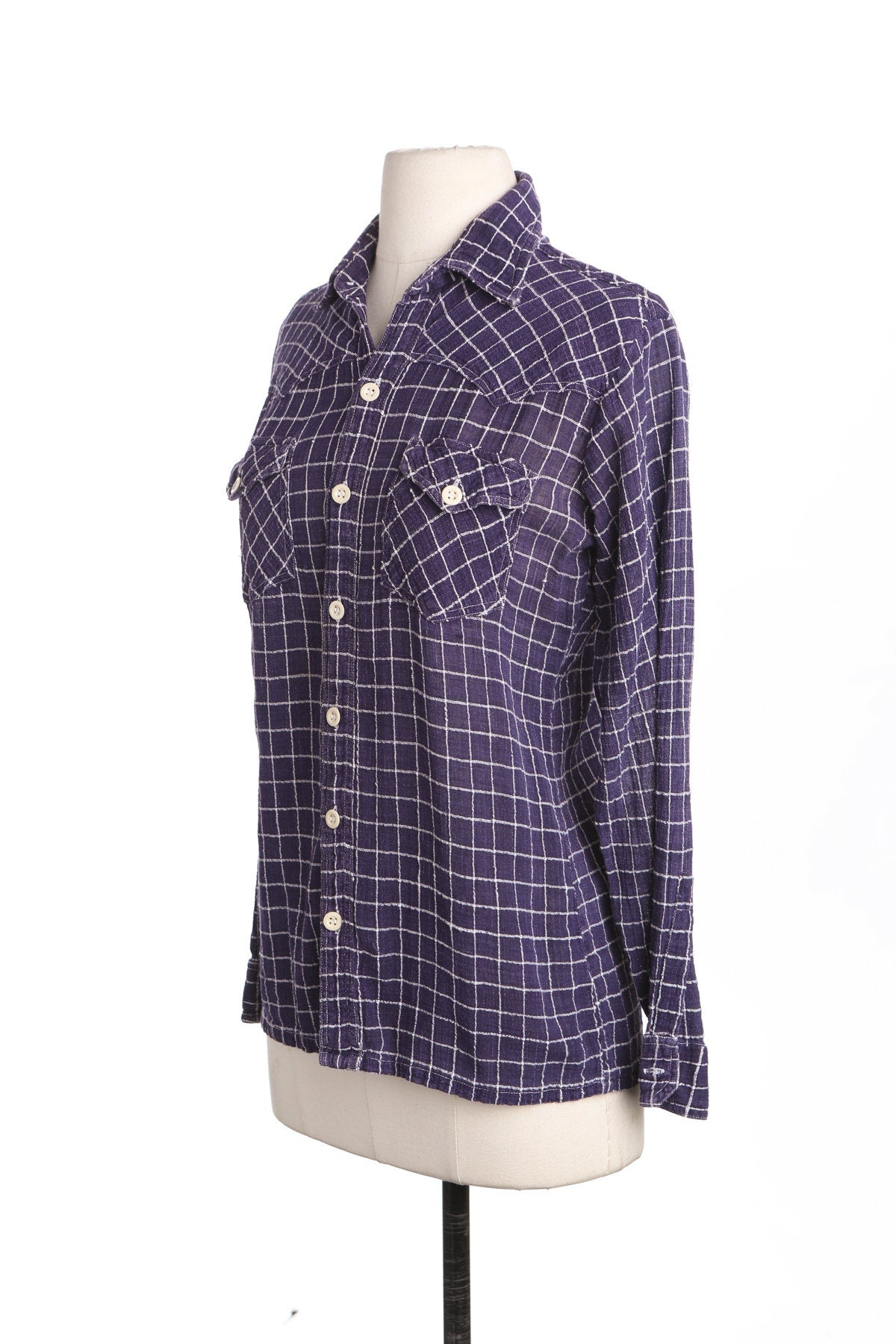 70's Men Blue Plaid Button Up Shirt