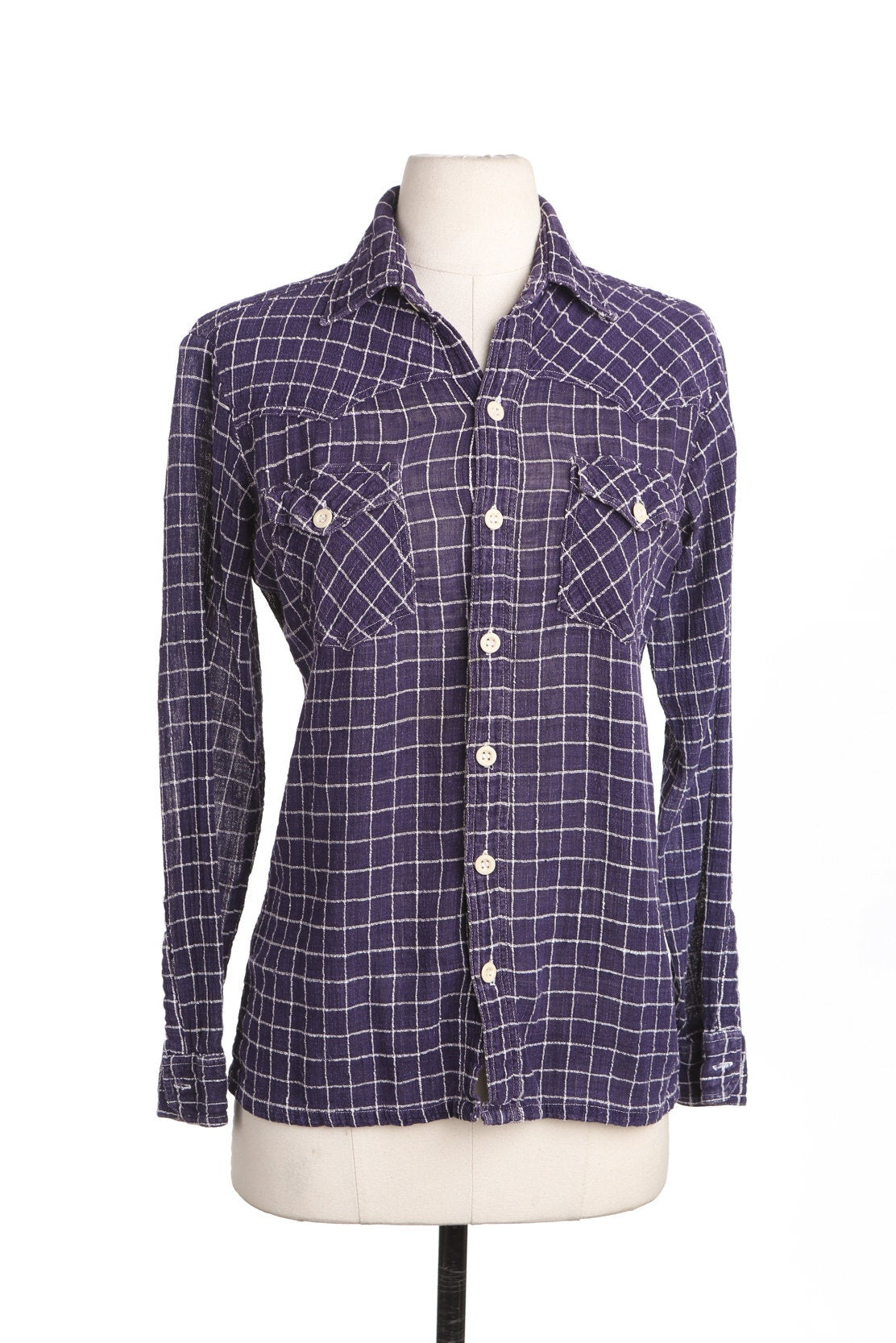 70's Men Blue Plaid Button Up Shirt