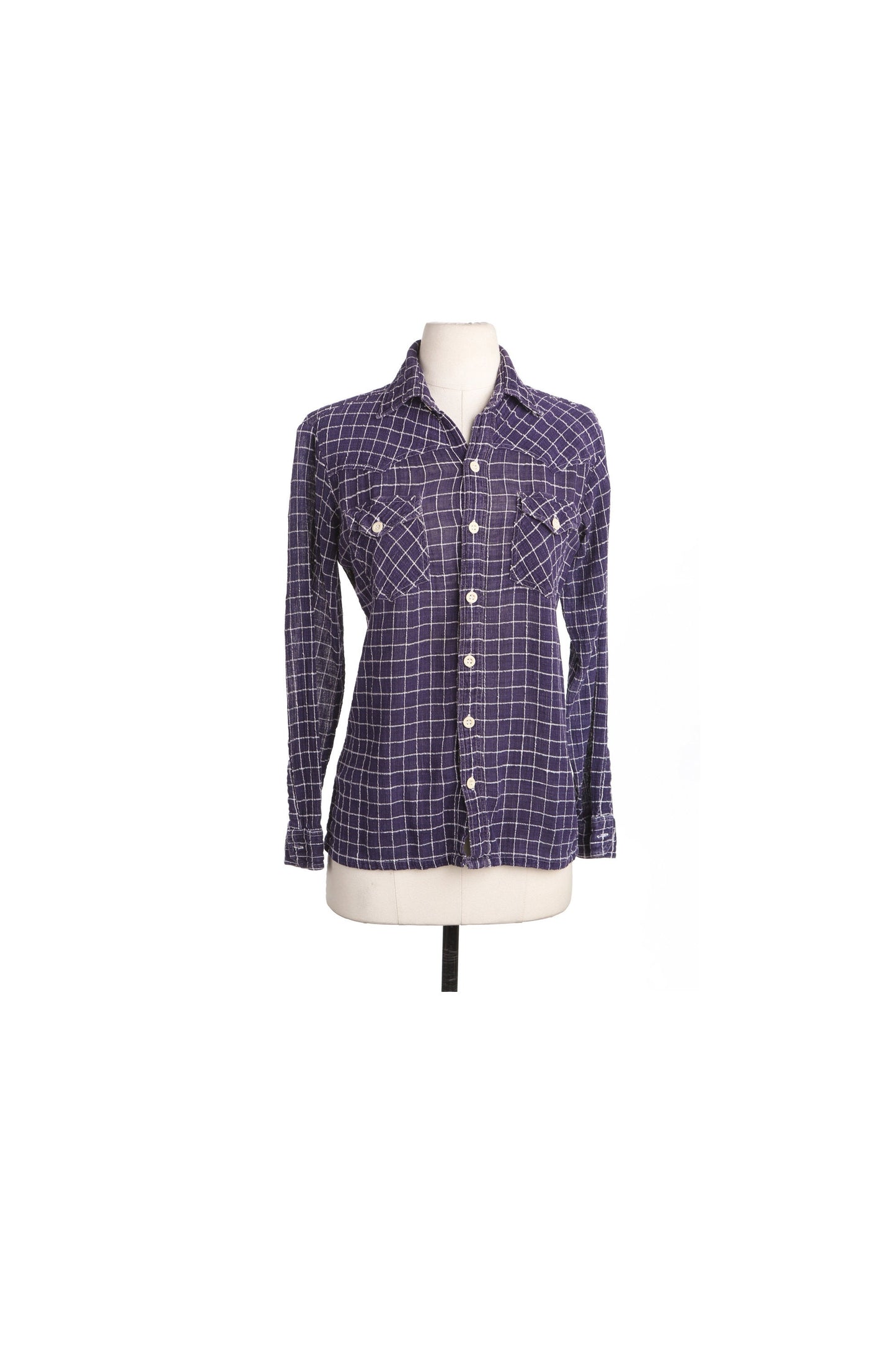 70's Men Blue Plaid Button Up Shirt