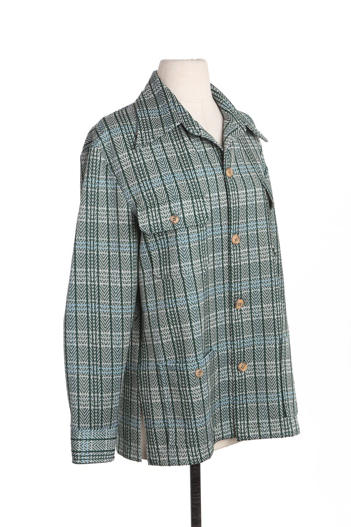 70's Men Green Plaid Button Shirt - Four Pockets