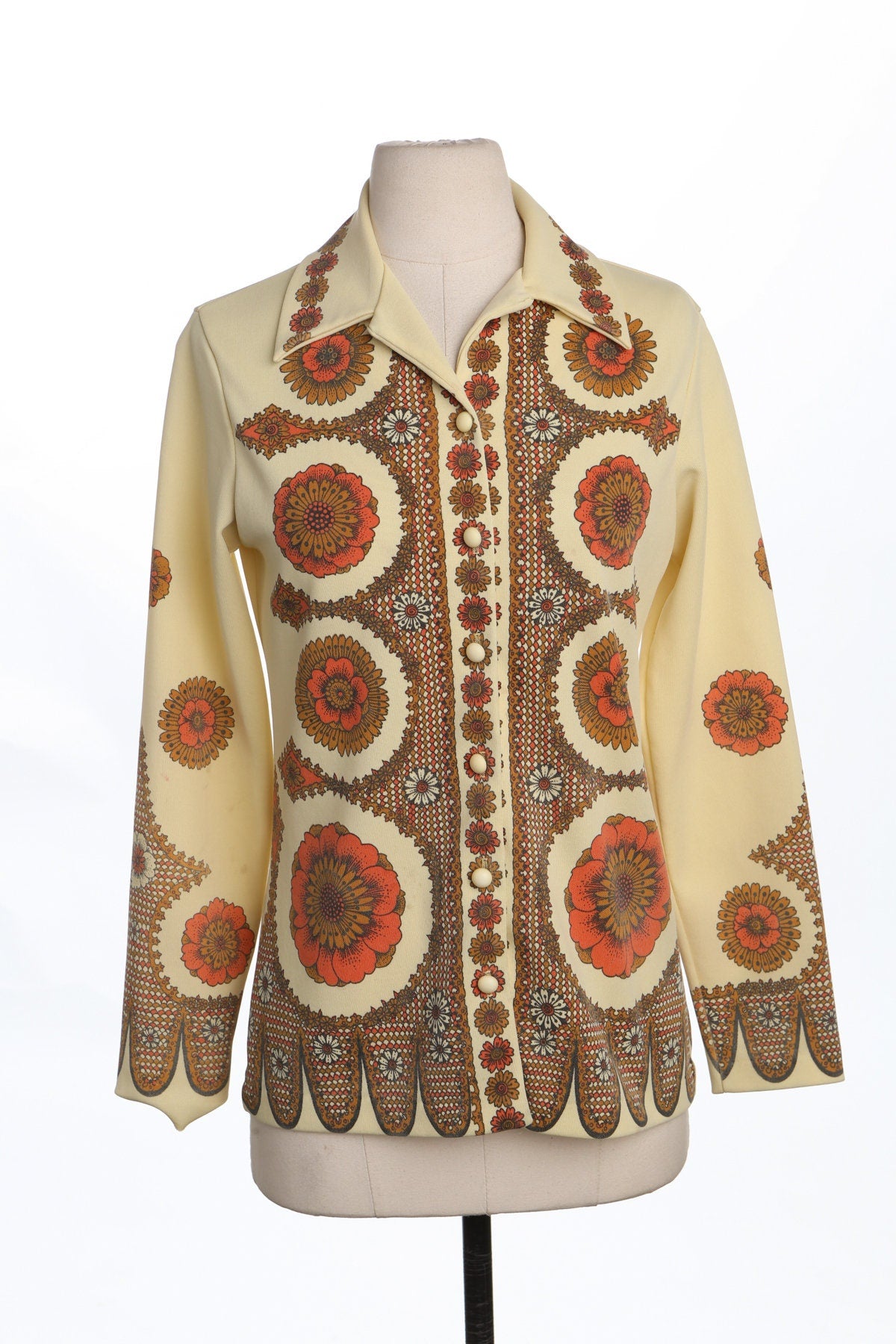 70's Yellow Poly Top - Floral Print - Butterfly Neck