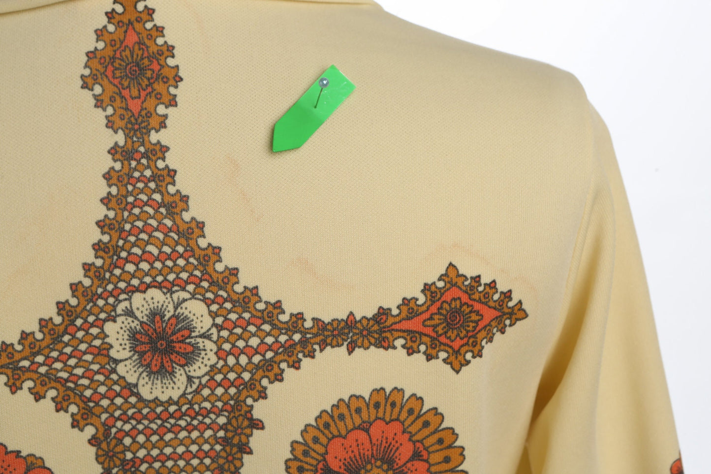 70's Yellow Poly Top - Floral Print - Butterfly Neck