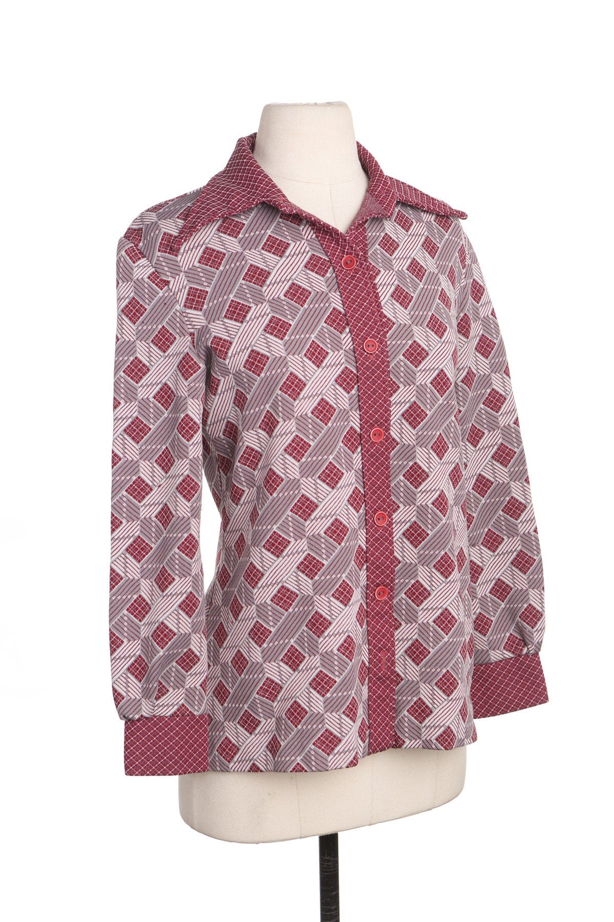 70's Red Poly Top - Butterfly Neck - Geometric Print
