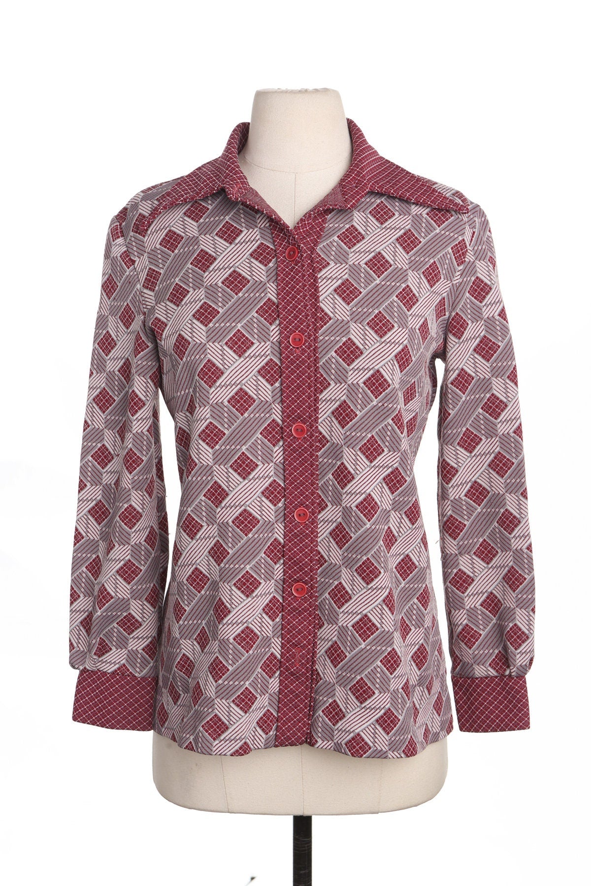 70's Red Poly Top - Butterfly Neck - Geometric Print