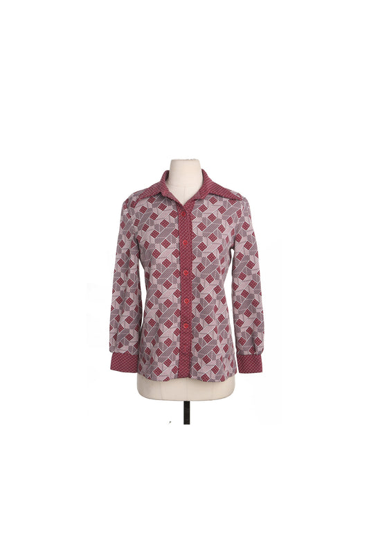 70's Red Poly Top - Butterfly Neck - Geometric Print