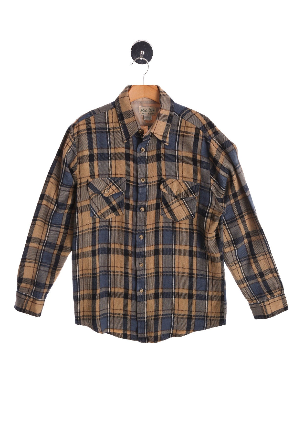 Vintage Flannel Shirt - Brown and Blue Plaid Print - Era 70's - 80's