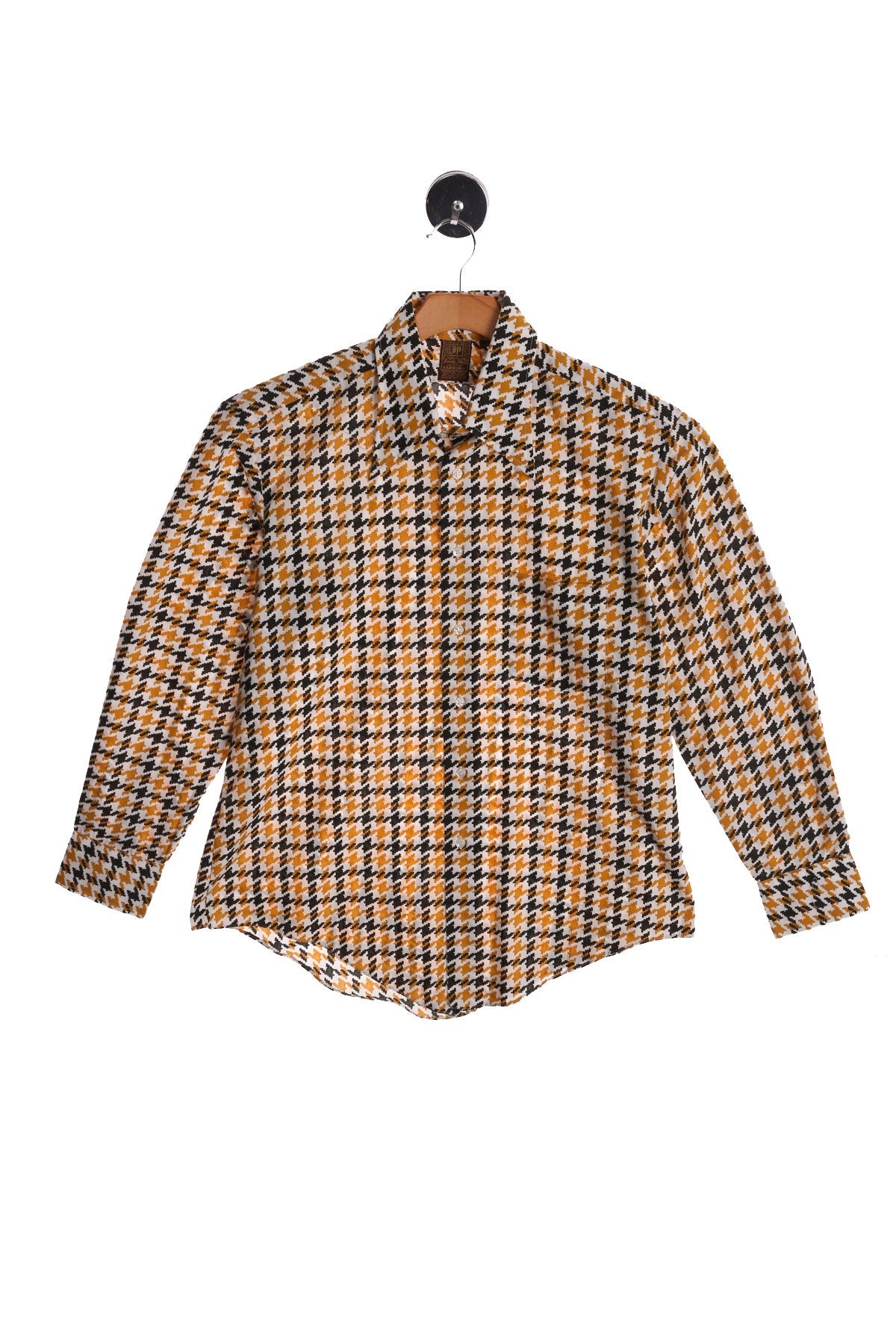 70's Plaid Shirt - White Black Yellow Houndstooth Print - Long Sleeve - Mod