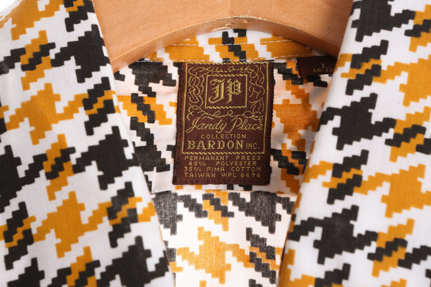 70's Plaid Shirt - White Black Yellow Houndstooth Print - Long Sleeve - Mod