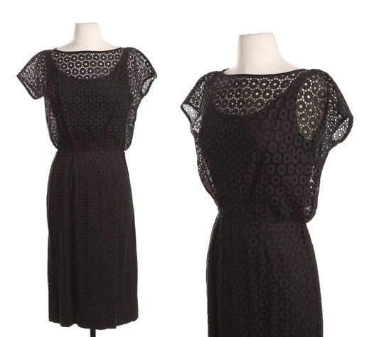 Pat Hartly Black Casual Dress - Circle Mesh Fabric Pattern - Era 50's - 60's