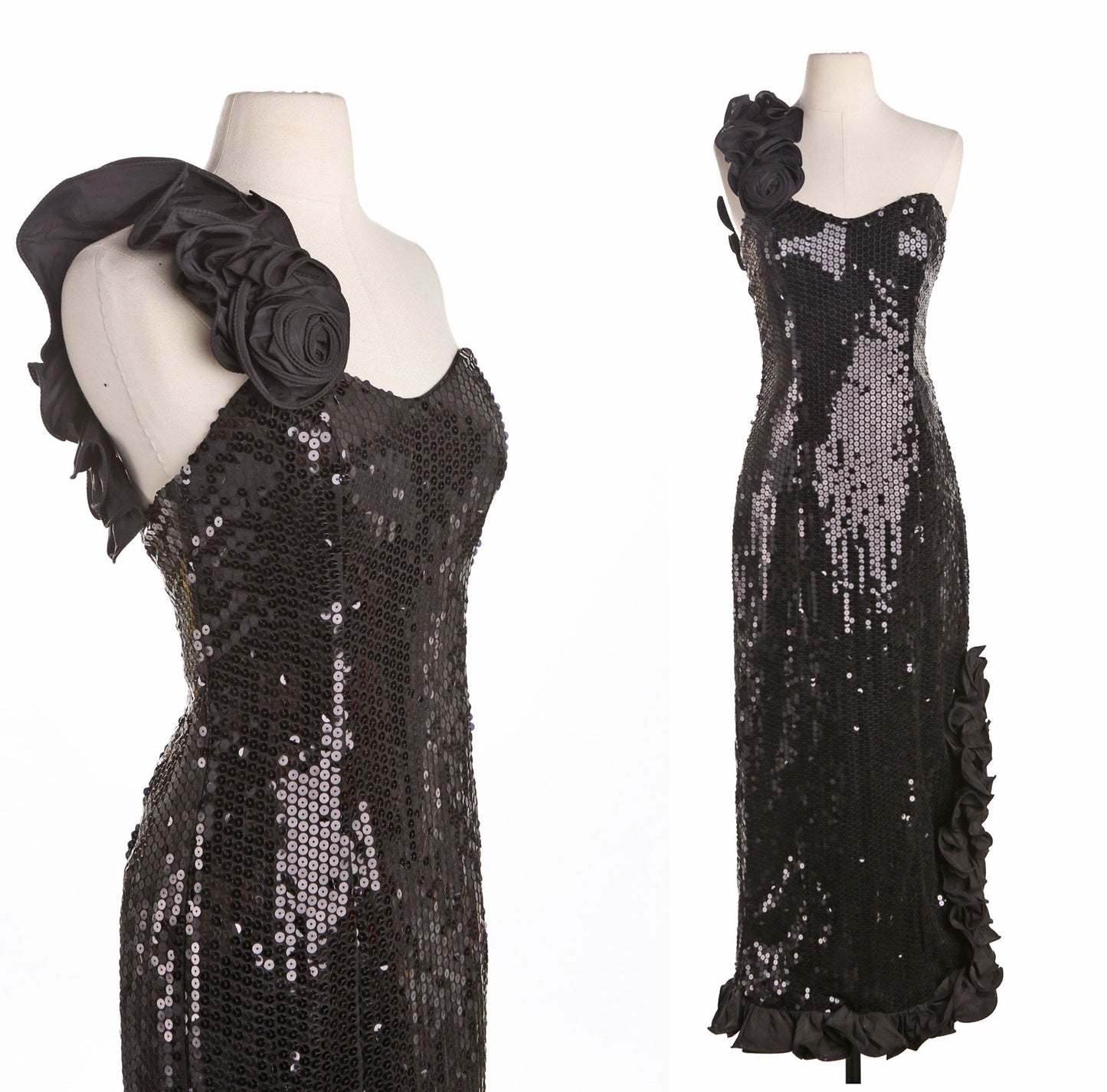 Vintage Black Sequin Dress - Formal Event - Shoulder Rose Detail - Era 70's - 80's