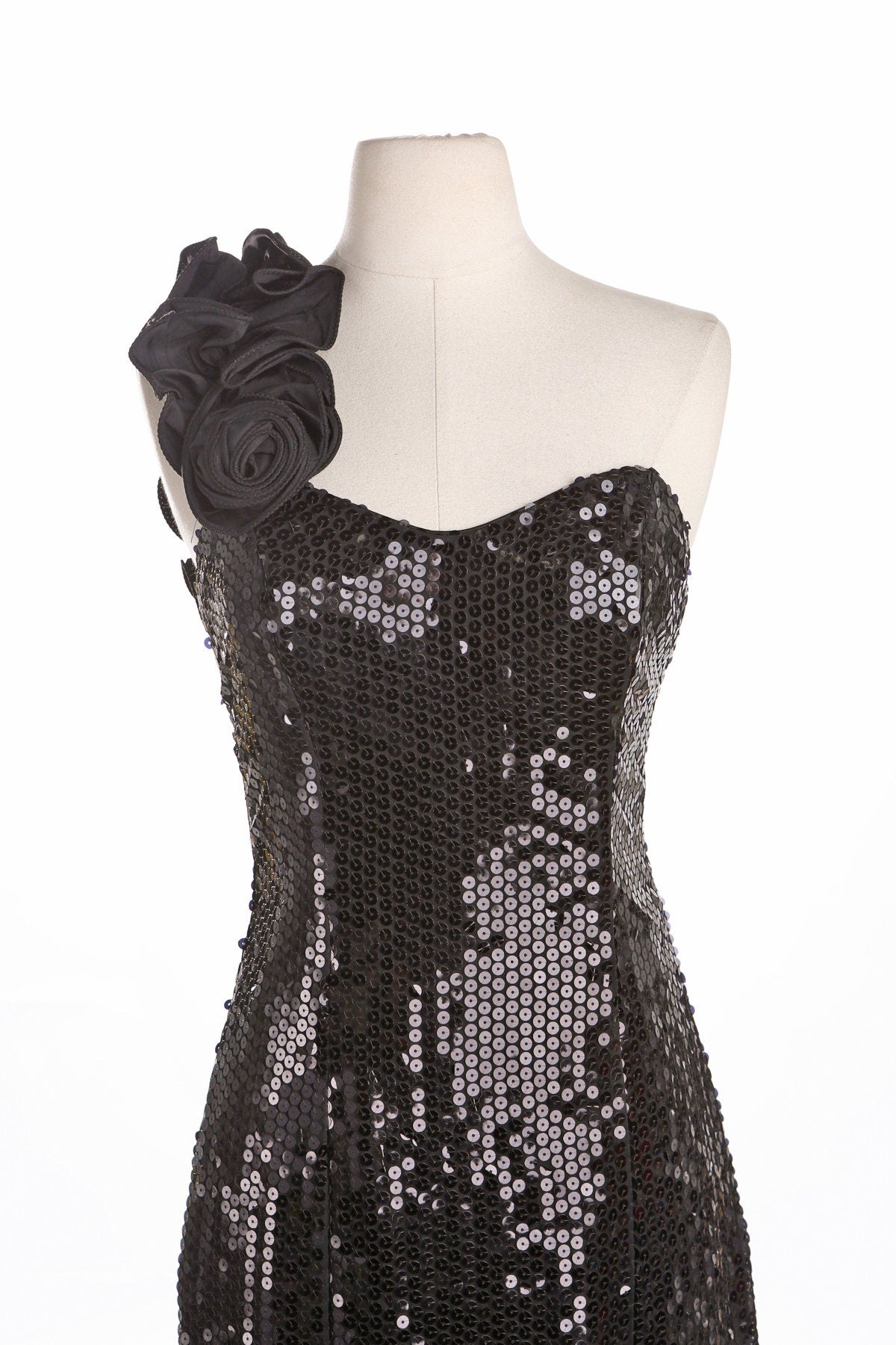 Vintage Black Sequin Dress - Formal Event - Shoulder Rose Detail - Era 70's - 80's