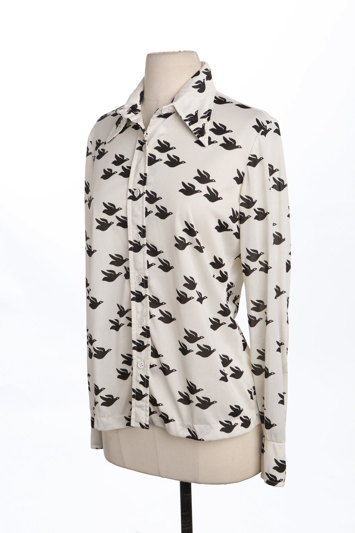 70's Women White Poly Top - Flying Ducks Print