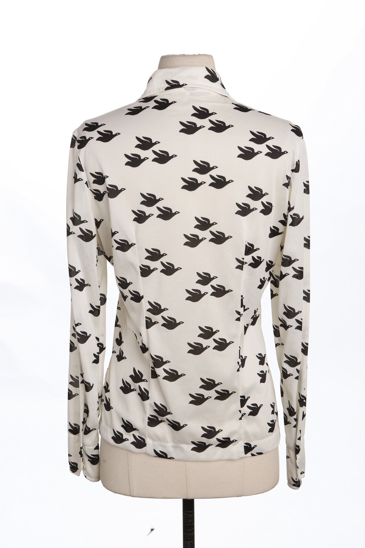 70's Women White Poly Top - Flying Ducks Print