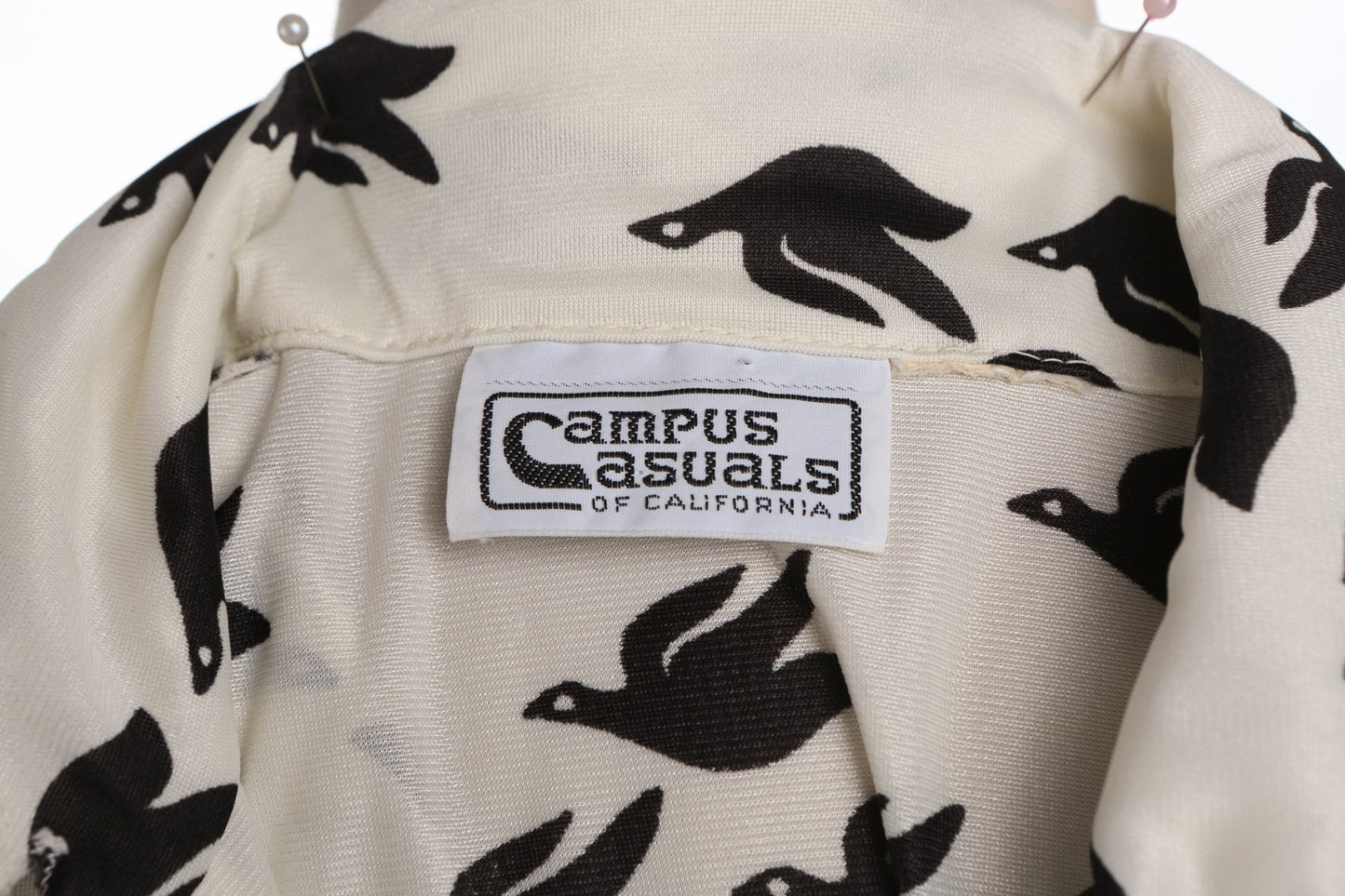 70's Women White Poly Top - Flying Ducks Print