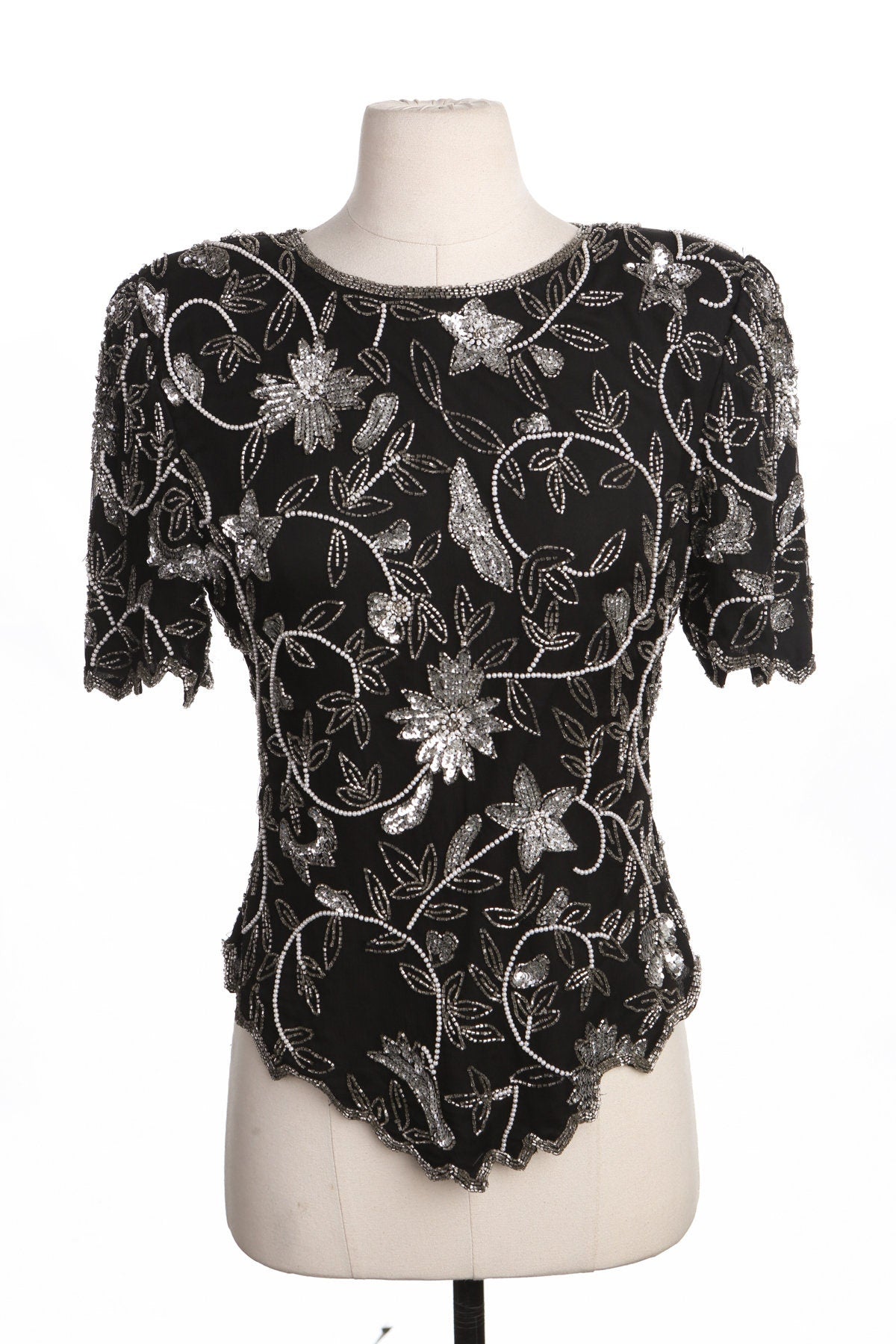 Women Black Top with Silver Sequin Details - Era 80's - 90's