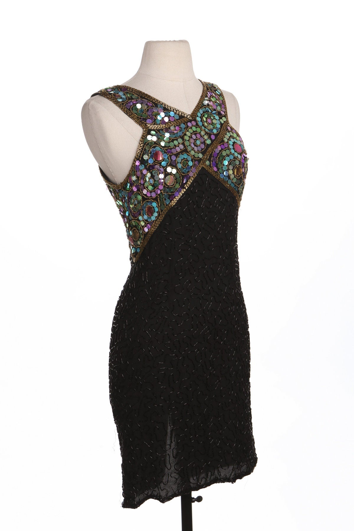 Women Black Sequin Dress - Sleeveless - Era 80's - 90's by Laurence Kazar
