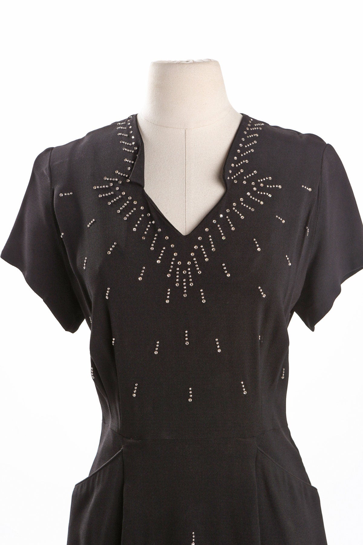 40's Black Casual Dress with Rhinestone Details by Lovette Fashions