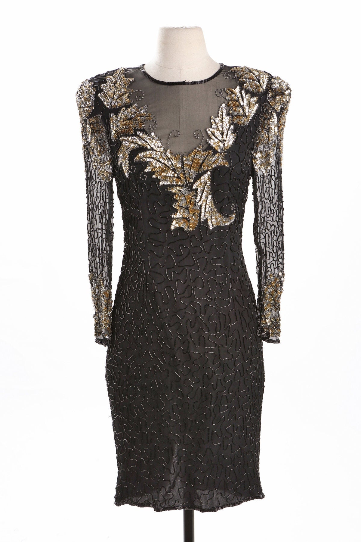 Black Sequin Dress with Sheer Sleeves and Golden Leaves Details - Era 80's - 90's