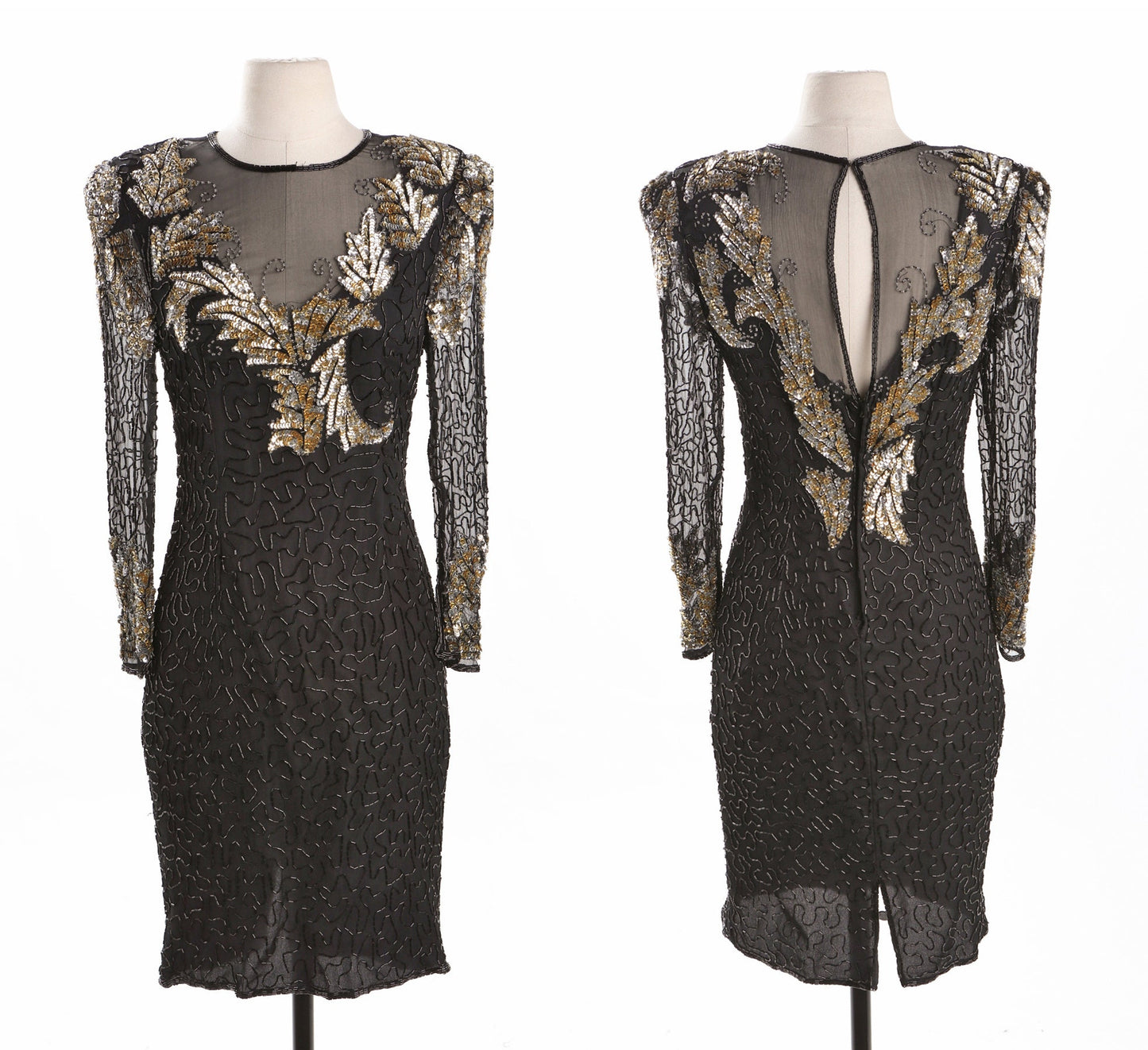 Black Sequin Dress with Sheer Sleeves and Golden Leaves Details - Era 80's - 90's