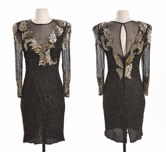 Black Sequin Dress with Sheer Sleeves and Golden Leaves Details - Era 80's - 90's
