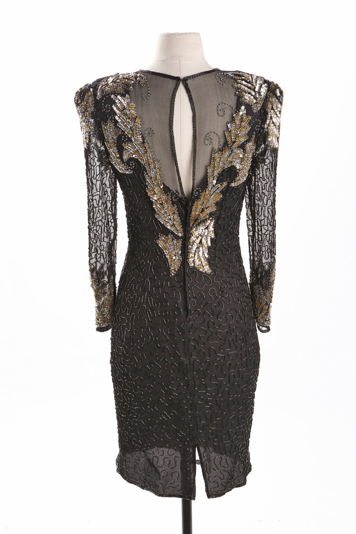Black Sequin Dress with Sheer Sleeves and Golden Leaves Details - Era 80's - 90's