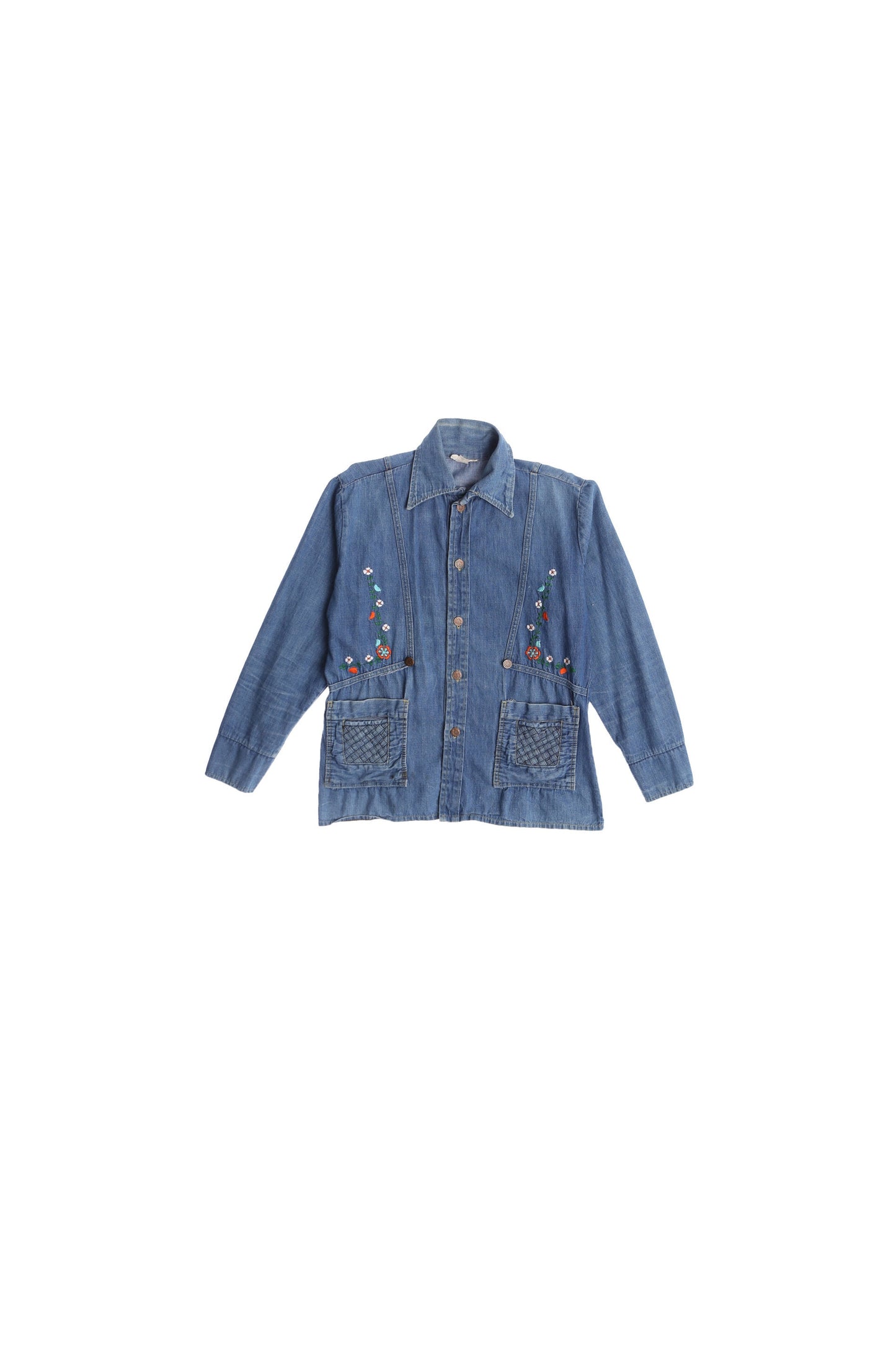 70's Denim Jacket with Embroidered Flowers - Hippie / Boho