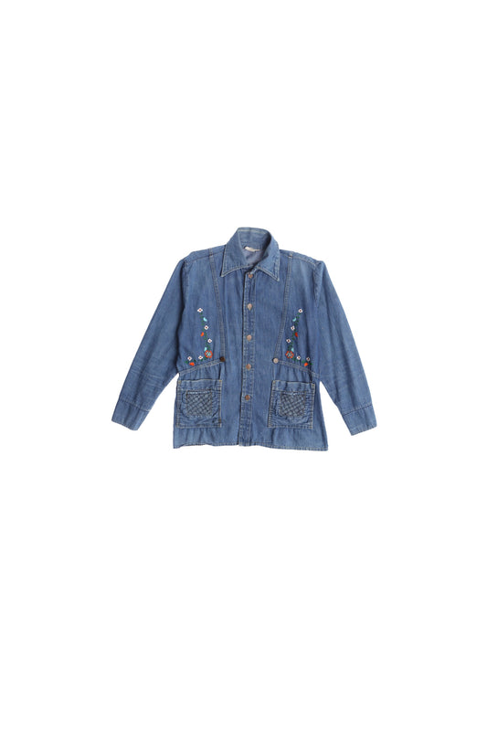 70's Denim Jacket with Embroidered Flowers - Hippie / Boho