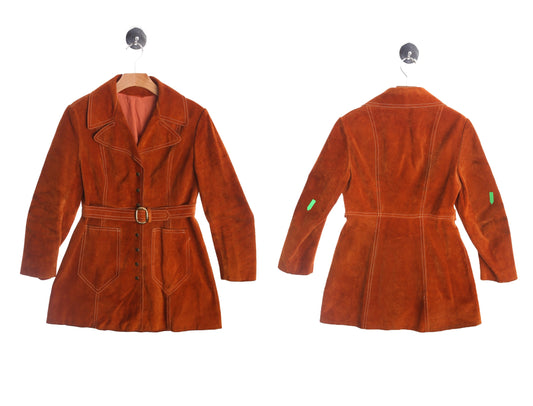 70's Women Suede Coat with Waist Belt Closure