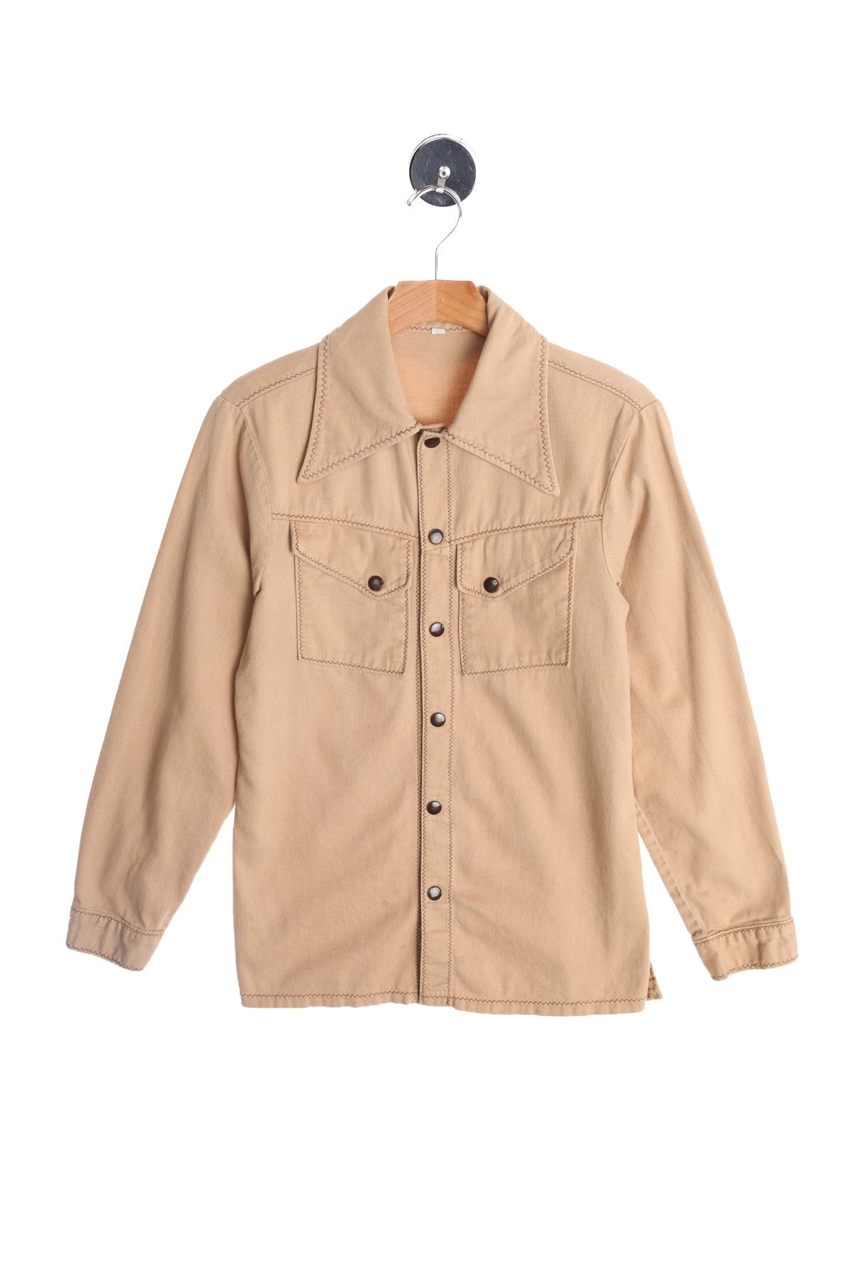 70's Men Beige Cotton Shirt Stitched Details with Butterfly Neck