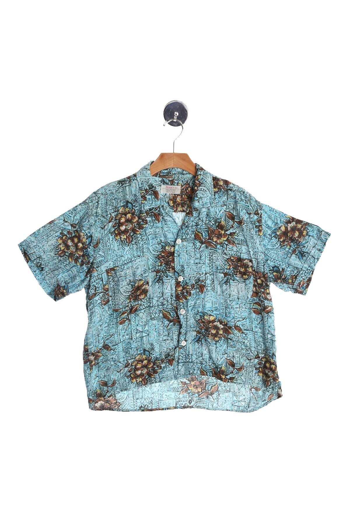Vintage Men Blue Hawaiian Shirt - Brown Floral Print - by Penny's - Made in Japan