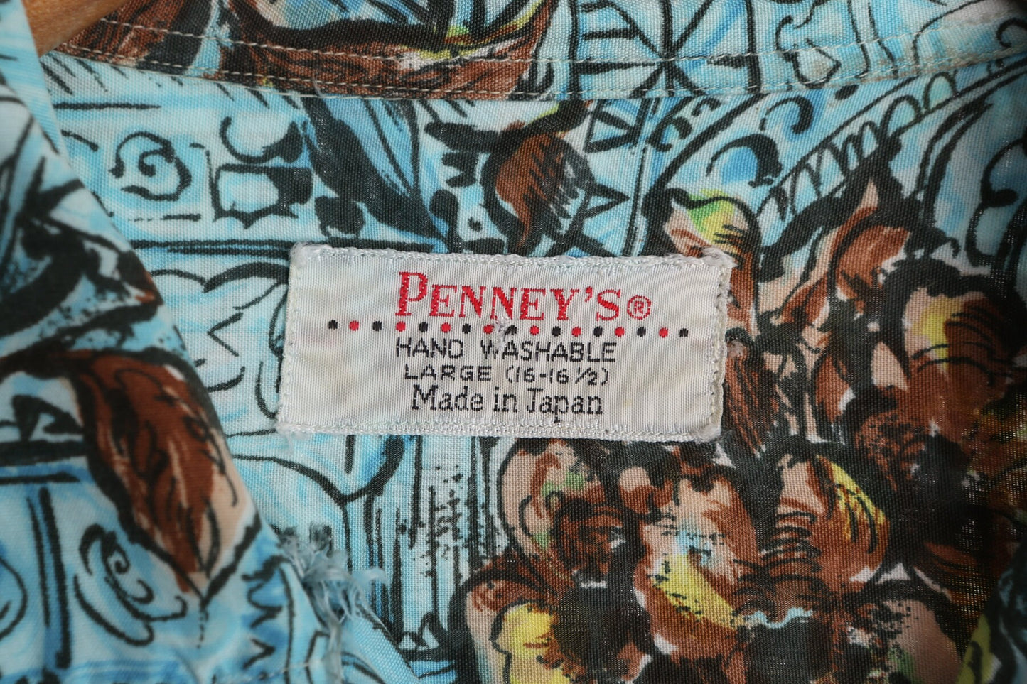 Vintage Men Blue Hawaiian Shirt - Brown Floral Print - by Penny's - Made in Japan