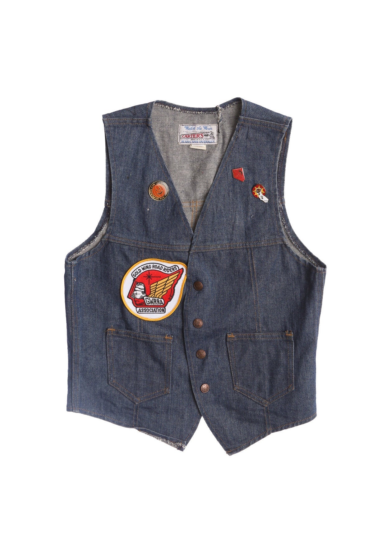 Vintage Denim Biker Vest with Biker Patches - Gold Wing Road Riders Back Patch
