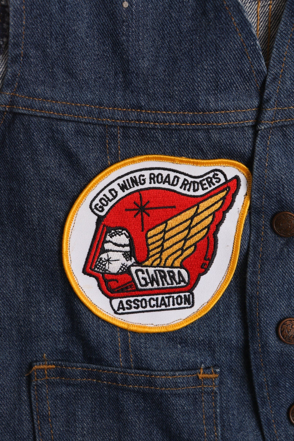 Vintage Denim Biker Vest with Biker Patches - Gold Wing Road Riders Back Patch