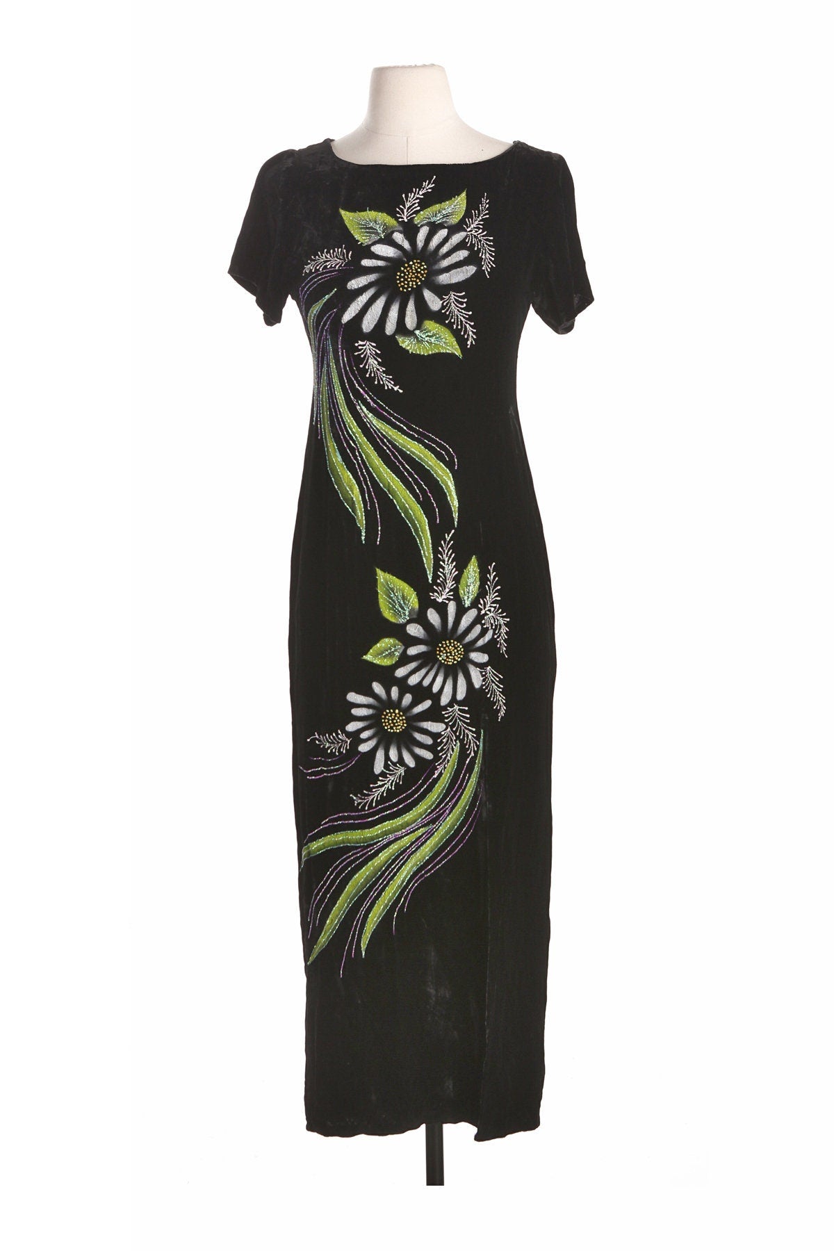 Vintage Black Velvet Dress with Hand Painted White Floral Designs