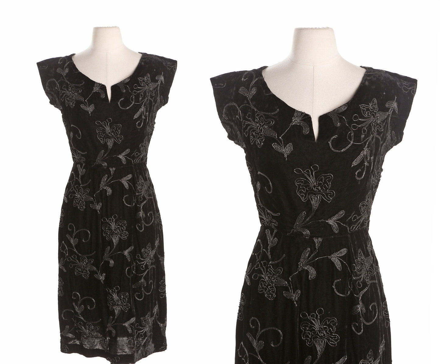 40's Black Casual Dress with Embroidered Floral Designs - Steel Side Zipper