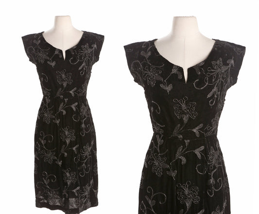 40's Black Casual Dress with Embroidered Floral Designs - Steel Side Zipper