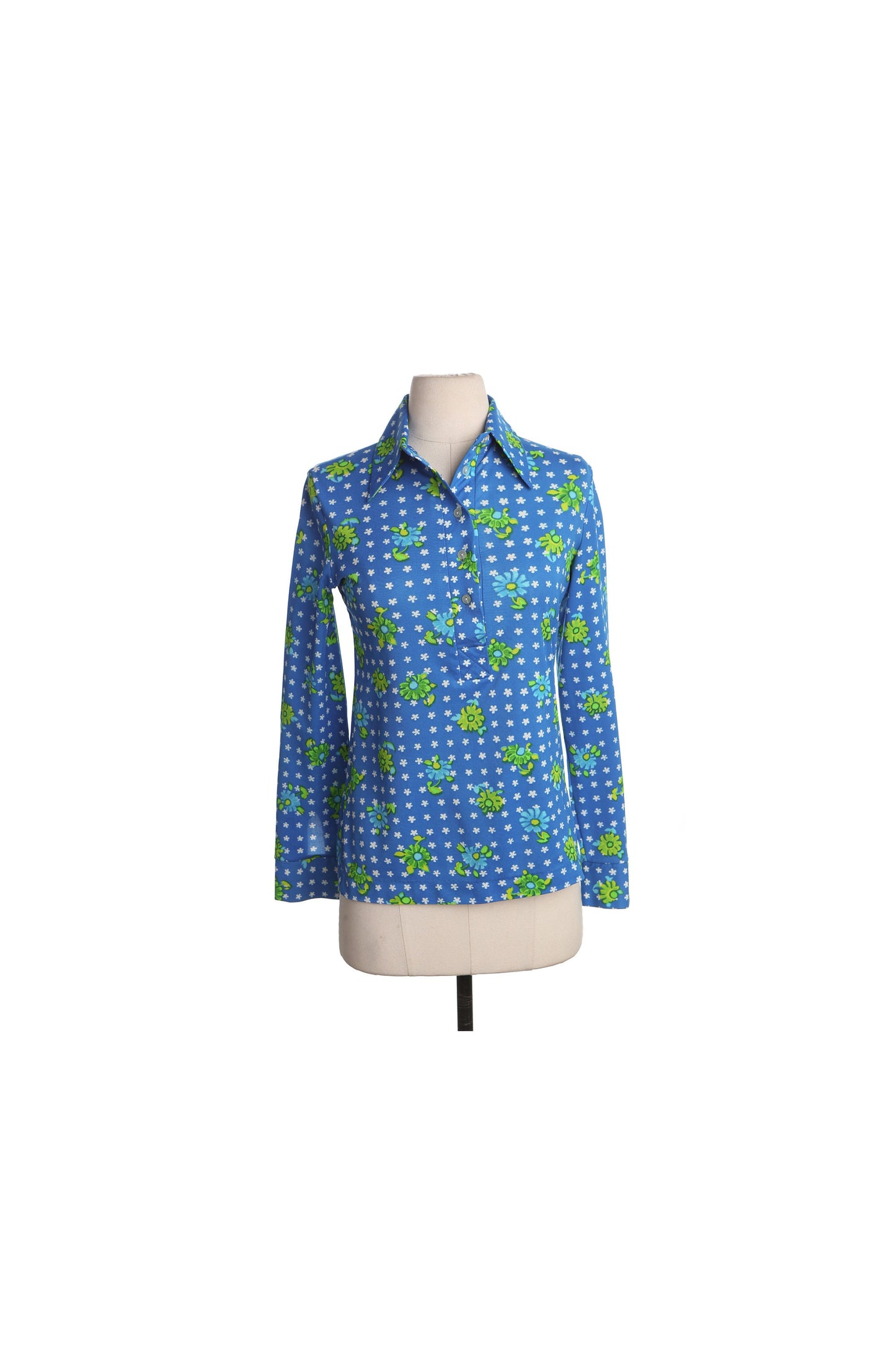 70's Blue Poly Top with Green Floral Print