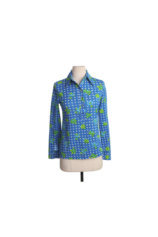 70's Blue Poly Top with Green Floral Print