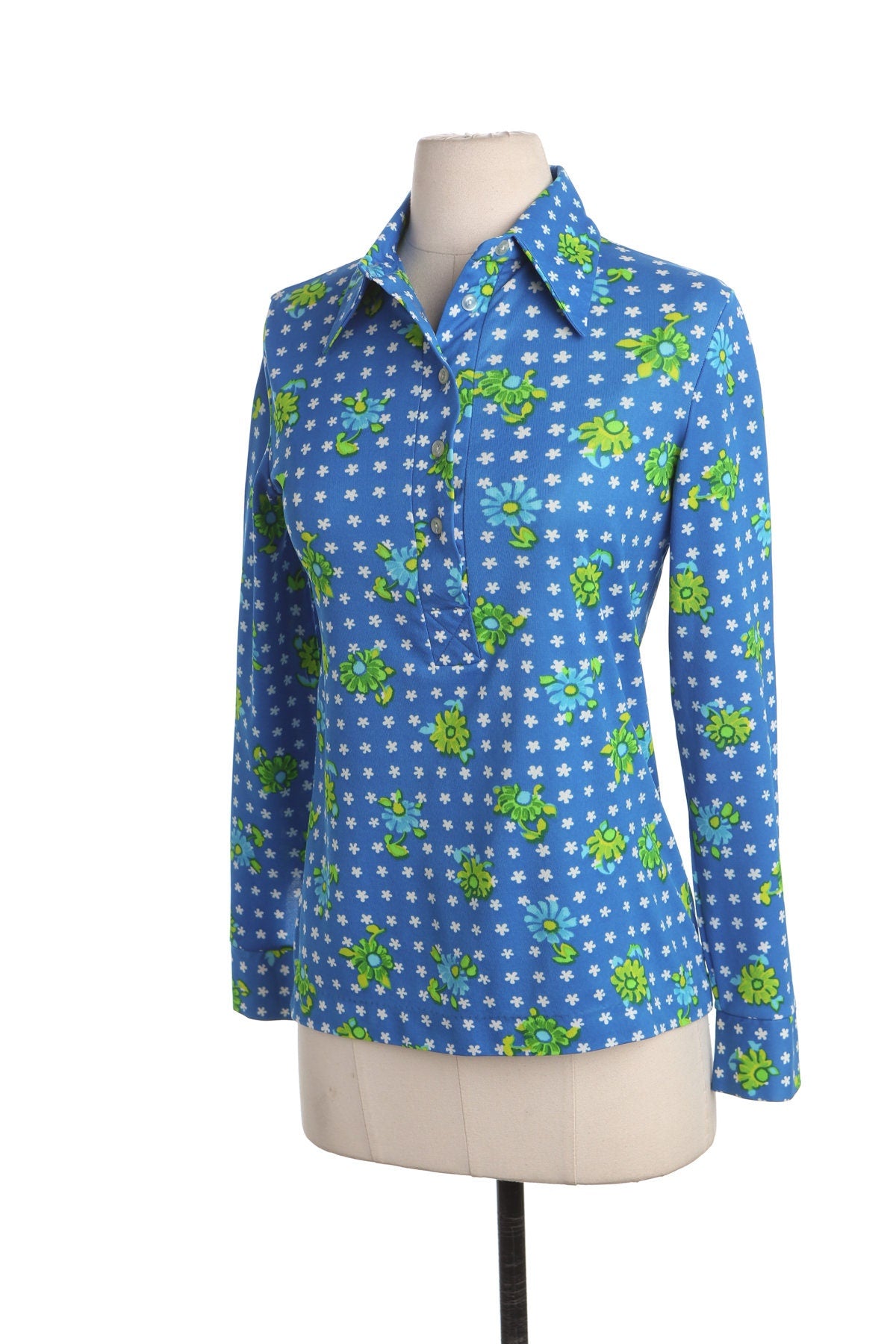70's Blue Poly Top with Green Floral Print