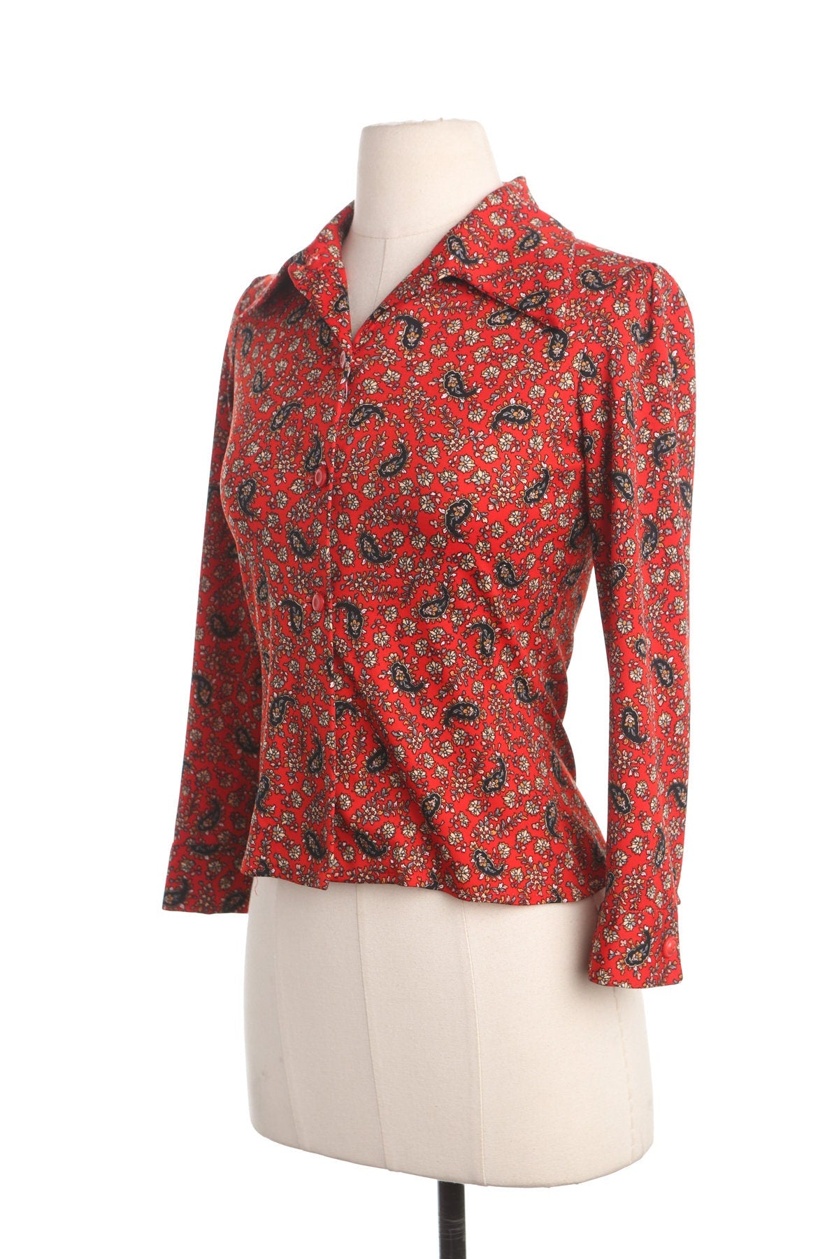 70's Red Paisley Print Poly Top