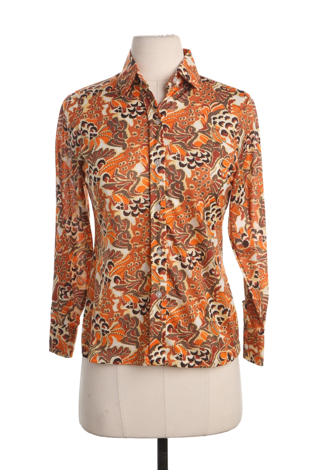 70's Orange Floral Print Top