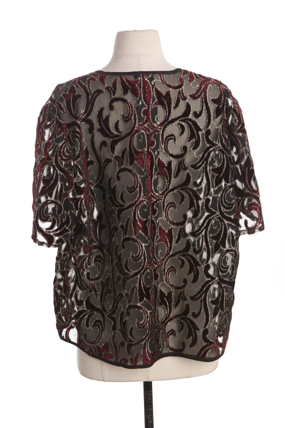 90's Women Black Sheer Top with Velvet Floral Design