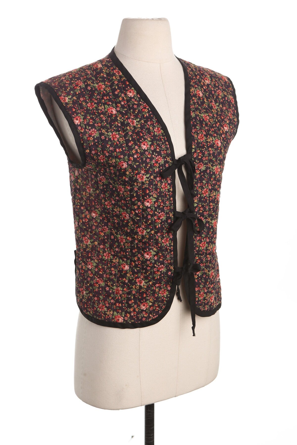 Vintage Floral Print Black Women Vest - Hippie - 70's - Tie Closure